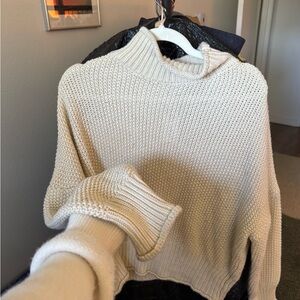 Cream Ribbed Mock Neck Women's Sweater